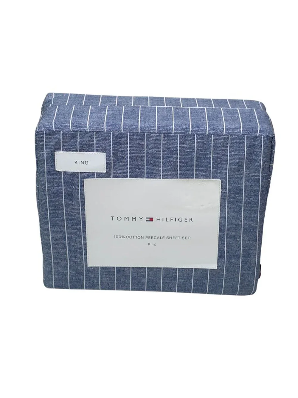 Tommy Hilfiger 100% Cotton Percale King Sheet Set Blue Stripe 4-Piece Denim Blue